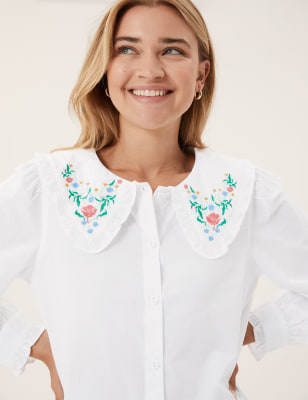 Marks & Spencer White Pure Cotton Embroidered Long Sleeve Blouse