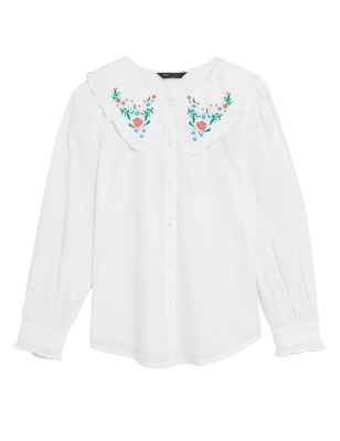 

M&S Collection Blusa 100% algodón de manga larga con bordadoWomens - Soft White, Soft White