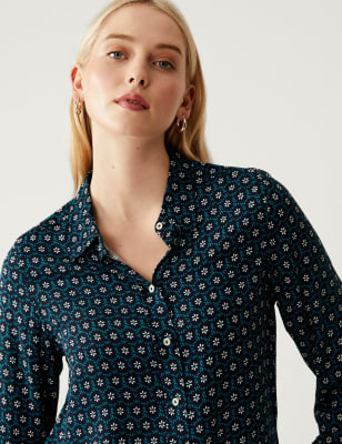 

Womens M&S Collection Printed Collared Long Sleeve Shirt - Dark Blue Mix, Dark Blue Mix