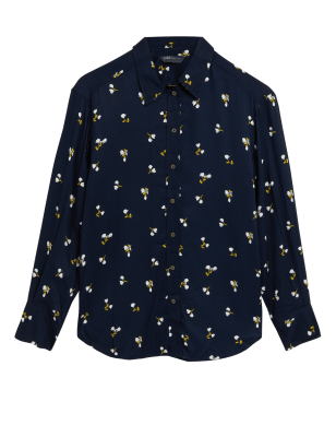 

Womens M&S Collection Gemustertes Langarmhemd mit Kragen - Navy Mix, Navy Mix