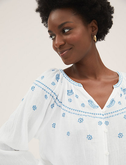 Pure Cotton Embroidered Long Sleeve Blouse