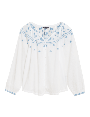 

Womens M&S Collection Pure Cotton Embroidered Long Sleeve Blouse - Soft White, Soft White