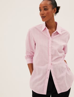 

Womens M&S Collection Langarmhemd aus reiner Baumwolle mit Streifenmuster - Pink Mix, Pink Mix