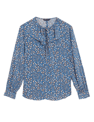 

Womens M&S Collection Printed Tie Neck Ruffle Long Sleeve Blouse - Blue Mix, Blue Mix