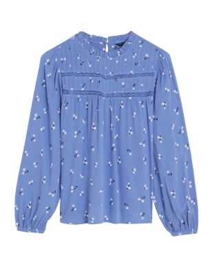 

M&S Collection Blusa floral de manga larga con fruncido de cuello altoWomens - Light Blue Mix, Light Blue Mix