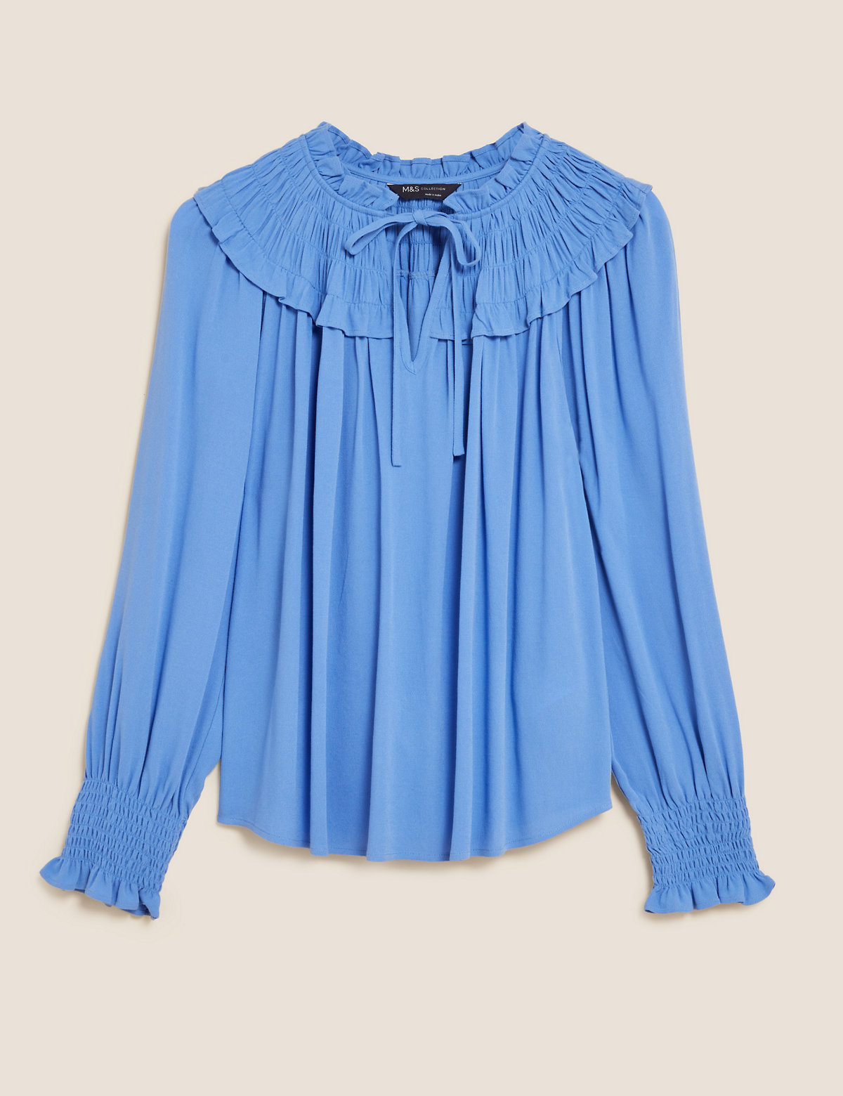 Tie Neck Smocked Long Sleeve Blouse
