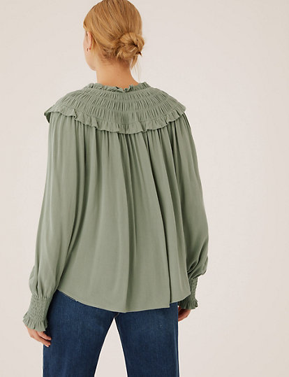 Tie Neck Smocked Long Sleeve Blouse