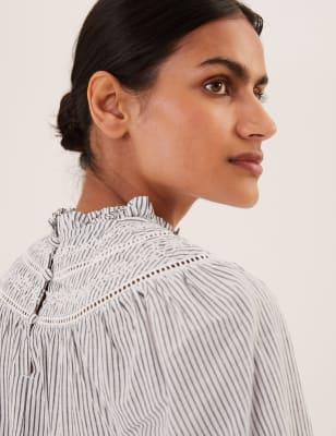 Pure Cotton Striped Embroidered Top