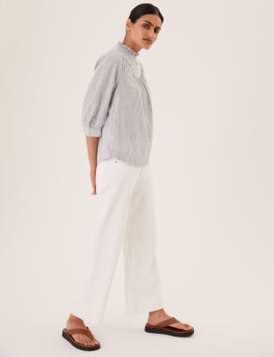 

Womens M&S Collection Pure Cotton Striped Embroidered Top - White Mix, White Mix