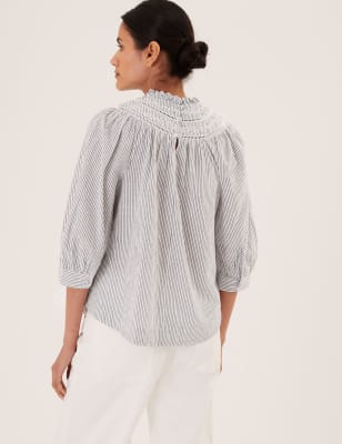 Pure Cotton Striped Embroidered Top