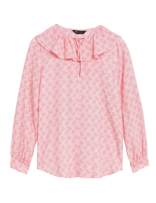 

M&S Collection Blusa de manga larga con volante y lazo en el cuello estampadaWomens - Pink Mix, Pink Mix