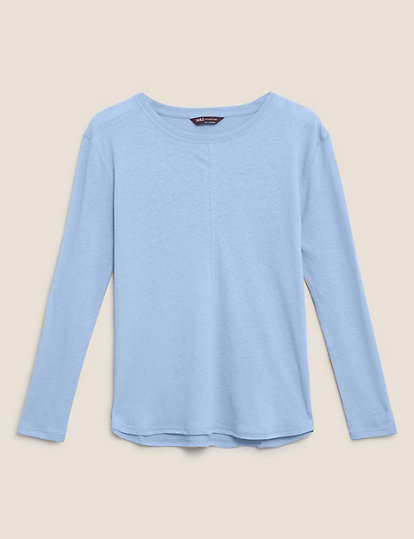 Linen Crew Neck Straight fit  Long Sleeve Top
