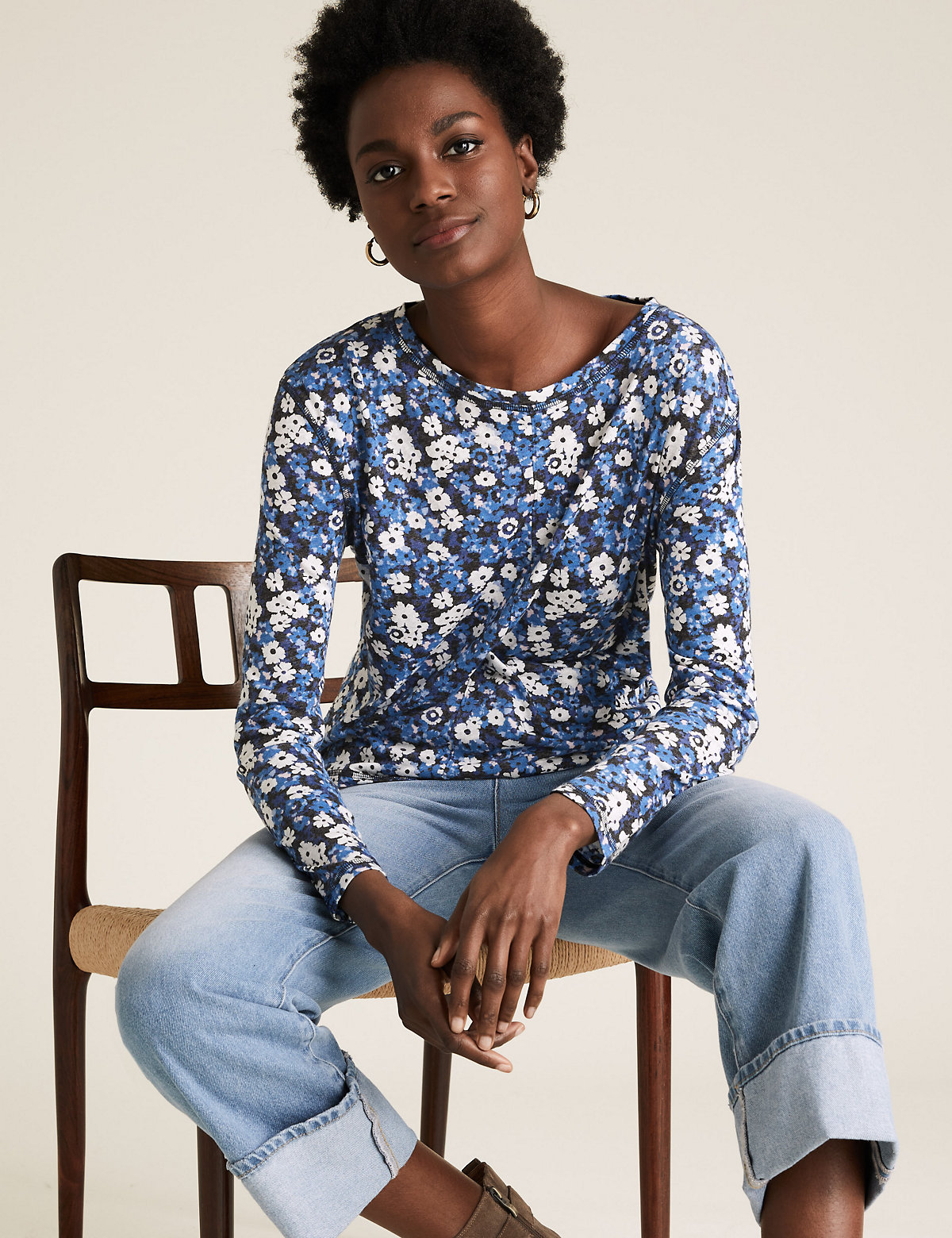 Linen Floral Straight Fit Long Sleeve Top