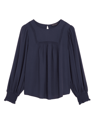 

M&S Collection Top de manga larga con postizo de encaje y cuello redondoWomens - Navy, Navy
