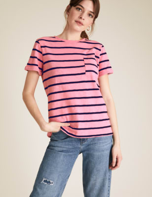 T-shirt 100 % coton à encolure ronde et rayures - Pink Mix