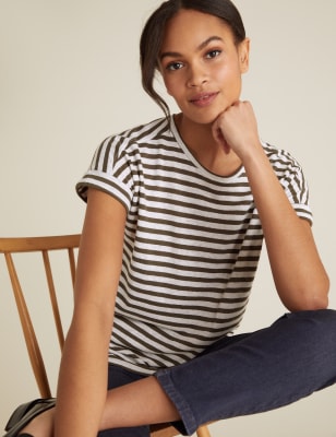 T-shirt coupe droite en lin à rayures - Khaki Mix