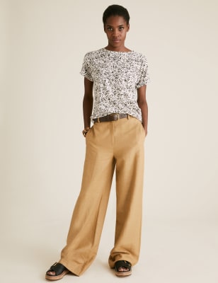 T-shirt en lin à encolure ronde et imprimé animal - Ivory Mix