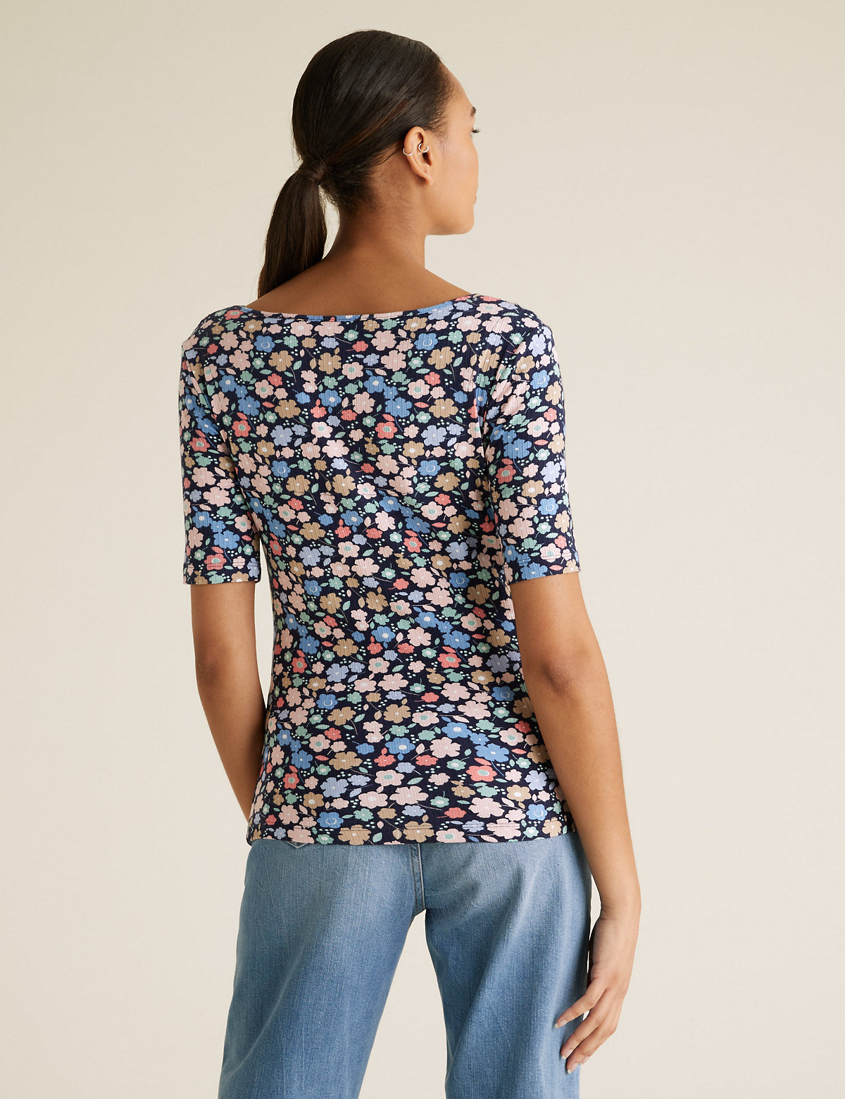 Floral Square Neck Fitted T-Shirt