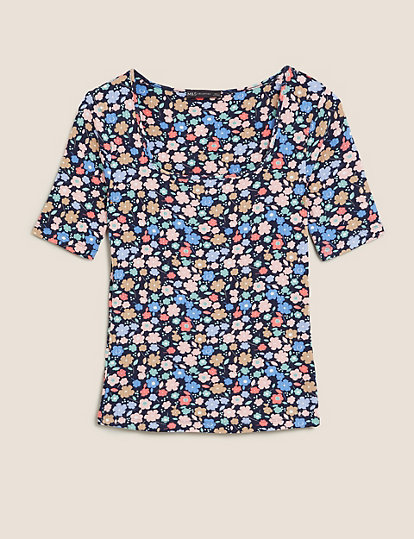 Floral Square Neck Fitted T-Shirt