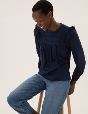 

Womens M&S Collection Pure Cotton Embroidered Long Sleeve Top - Navy, Navy