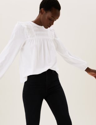 

Womens M&S Collection Besticktes Langarmoberteil aus reiner Baumwolle - Soft White, Soft White