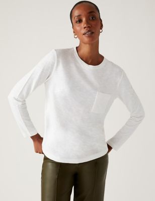 

Womens M&S Collection Pure Cotton Crew Neck Long Sleeve Top - Soft White, Soft White