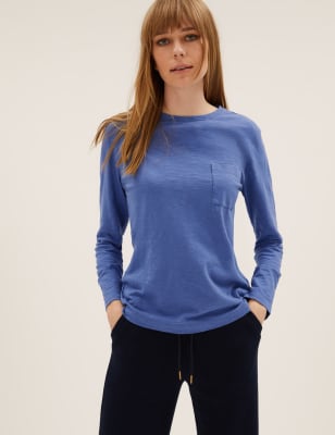 

Womens M&S Collection Pure Cotton Crew Neck Long Sleeve Top - Hyacinth, Hyacinth