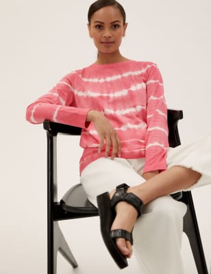 

Womens M&S Collection Langarmoberteil aus reiner Baumwolle mit Tie-Dye-Muster - Pink Mix, Pink Mix