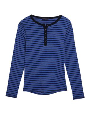 M&S Womens Pure Cotton Striped Long Sleeve Henley Top