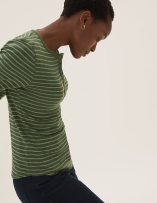 

Womens M&S Collection Pure Cotton Striped Long Sleeve Henley Top - Green Mix, Green Mix