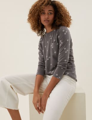 

Womens M&S Collection Top 100% algodón floral de manga larga - Charcoal, Charcoal