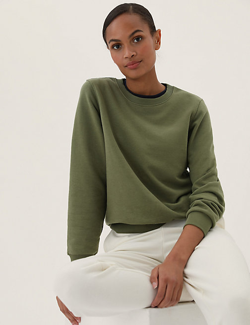 Marks And Spencer Womens M&S Collection The Cotton Rich Crew Neck Sweatshirt - Olive, Olive
