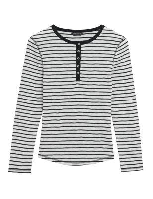 

Womens M&S Collection Pure Cotton Striped Long Sleeve Henley Top - White Mix, White Mix