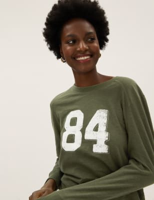 

Womens M&S Collection Pure Cotton 84 Slogan Long Sleeve Top - Khaki Mix, Khaki Mix