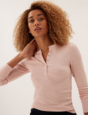 

Womens M&S Collection Ribbed Long Sleeve Henley Top - Pink Mix, Pink Mix