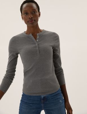 

Womens M&S Collection Ribbed Long Sleeve Henley Top - Charcoal, Charcoal
