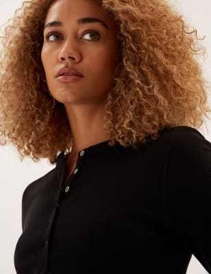 

Womens M&S Collection Henley-Langarmoberteil mit Rippenmuster - Black, Black
