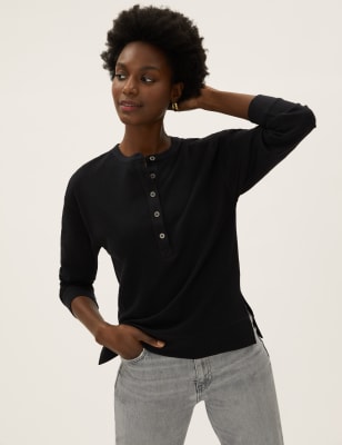 

Womens M&S Collection Textured Long Sleeve Henley Top - Black, Black