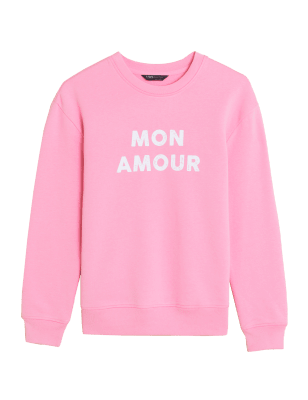 

Womens M&S Collection Cotton Rich Slogan Crew Neck Sweatshirt - Bright Pink Mix, Bright Pink Mix