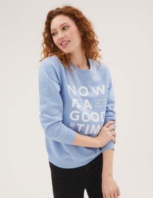 

Womens M&S Collection Cotton Rich Slogan Crew Neck Sweatshirt - Blue Mix, Blue Mix