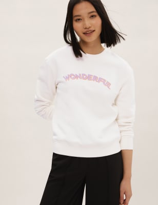 

Womens M&S Collection Cotton Rich Slogan Crew Neck Sweatshirt - Cream Mix, Cream Mix