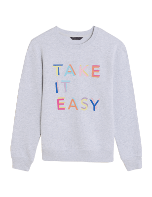 

M&S Collection Sudadera de algodón con escote cerrado y textoWomens - Mid Grey Marl, Mid Grey Marl