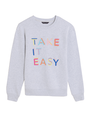 

Womens M&S Collection Cotton Rich Slogan Crew Neck Sweatshirt - Mid Grey Marl, Mid Grey Marl