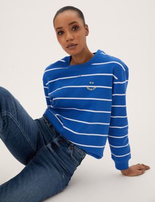 

Womens M&S Collection Cotton Rich Striped Crew Neck Sweatshirt - Blue Mix, Blue Mix