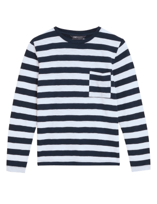 

Womens M&S Collection Langarmoberteil aus reiner Baumwolle mit Streifenmuster - Navy Mix, Navy Mix