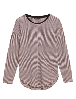 

M&S Collection Top largo de rayas con escote cerrado 100% algodónWomens - Pink Mix, Pink Mix