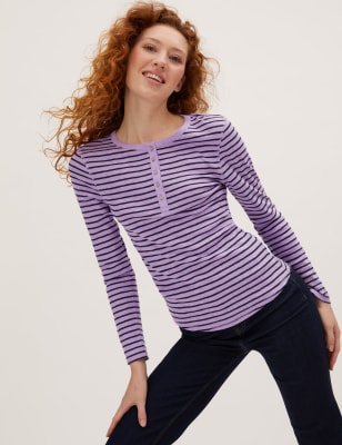 

Womens M&S Collection Pure Cotton Striped Long Sleeve Henley Top - Pink Mix, Pink Mix
