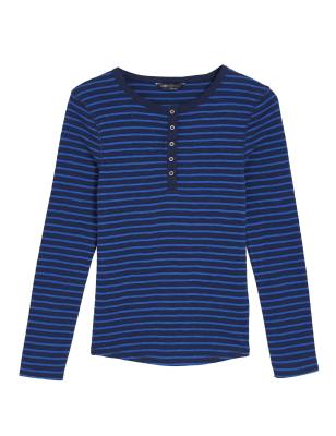

M&S Collection Top Henley 100% algodón de manga larga de rayasWomens - Blue Mix, Blue Mix