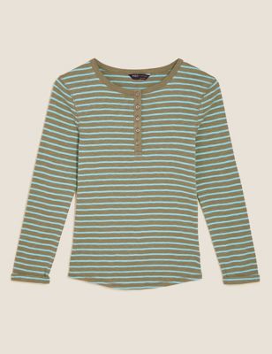 M&S Womens Pure Cotton Striped Long Sleeve Henley Top