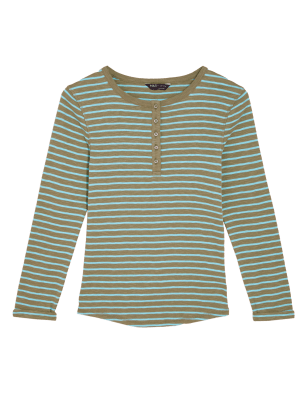

M&S Collection Top Henley 100% algodón de manga larga de rayasWomens - Khaki Mix, Khaki Mix